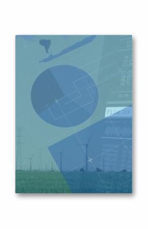 Featuring wind turbines rotating on farmland horizon with crop rows, power towers and data overlays