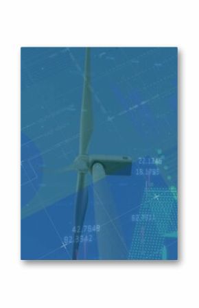 Displaying modern wind turbine in digital dashboard, with pie chart, candlestick and trend arrow