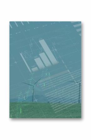 Rotating white wind turbines across grassy field, with transparent data overlays