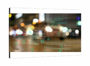 Displaying green grid featuring translucent icons and code snippets in lobby, energy management