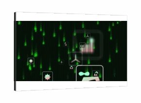 Displaying eco icons from CO?-label to sunburst shapes over dashboard amid binary digits