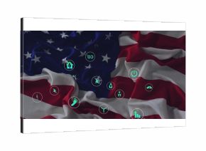 Displaying draped American flag in digital art, with circles showing green energy icons