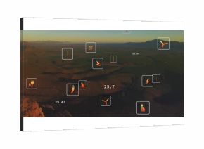 Displaying data overlay above canyon at dusk, with CO? plug lightning turbine footprint symbols