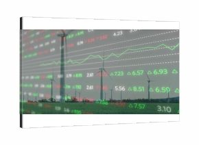 Wind turbines standing in wind farm, with red green stock quotes, arrows and green line graph