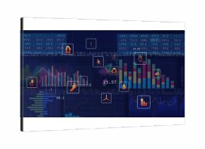 Displaying digital energy dashboard at futuristic interface, showing bar charts and energy icons