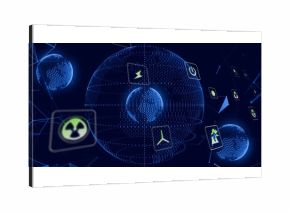 Floating central wireframe globe displaying neon-green energy icons in dark virtual network space
