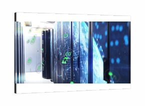 Displaying central server rack with network hardware CO? and globe icon in data center aisle