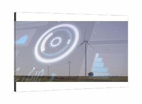 Showcasing tall white wind turbine projecting overlays on rural plains, with HUD and chart graphics