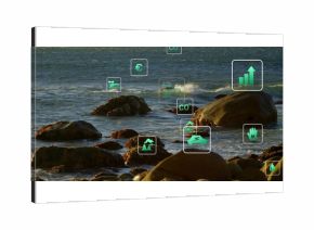 Featuring smooth boulders at coastal shore with lapping waves and overlaid eco economic icons