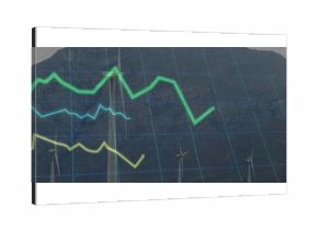 Displaying wind turbine at mountain ridge, showing grid overlay and green light-blue yellow graphs