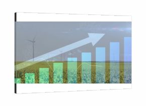 Displaying translucent bar chart overlaying rural farmland, with wind turbines and yellow blossoms