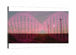 Rotating wind turbine overlooking grassy plain wind farm at dusk, with pink helix and code streams