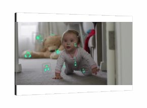 Crawling blonde infant wearing pink pajamas in hallway, with teddy bear and green recycling icons