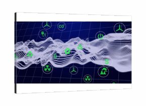 Displaying data flowing on dark blue digital grid with green icons showing energy and eco symbols