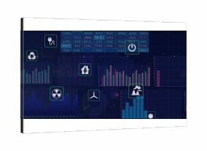 Displaying dashboard showing energy data on dark screen, with recycling, plug icons and bar charts