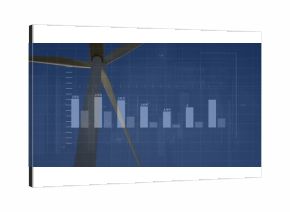 Displaying wind turbine tower and blade over deep-blue grid interface, with vertical bar chart