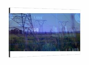 Displaying high-voltage towers and power lines crossing grassy plain, with live data overlay charts
