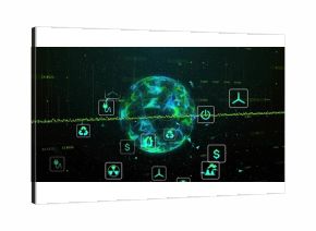 Rotating globe glowing in digital matrix, with floating eco energy icons and streaming data