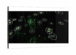 Floating hex icons showing eco symbols overlaying data center mesh rack, with green LEDs glowing
