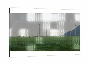 Rising central wind turbine spinning blades in grassy field, with digital glitch artifact overlays