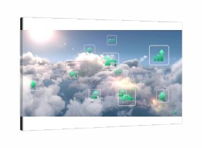Floating translucent frames over cloud layer under bright sun, displaying green eco icons