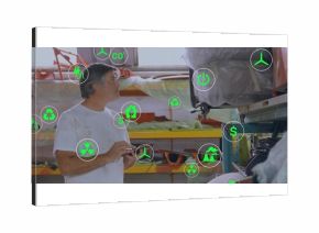 Inspecting technician holding tablet in warehouse, with wrapped boat hull, energy icons, copy space