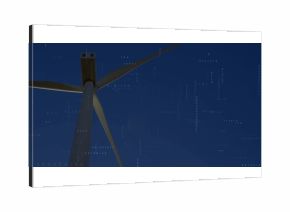 Standing wind turbine tower rising outside at twilight, with hub, blades and binary code overlay