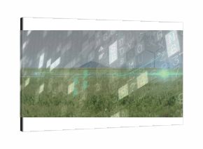 Displaying grassy field on farmland showing floating data streams, with distant wind turbines
