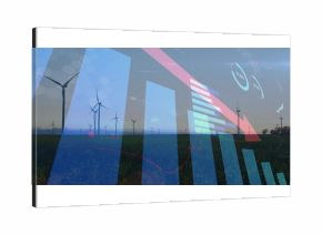 Displaying wind turbine spinning on grass field, with digital energy analytics overlays