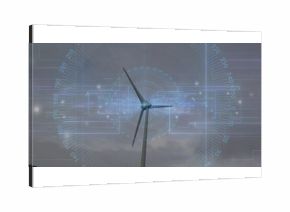 Displaying wind turbine rotating blades under cloudy sky on wind farm, with digital HUD overlay