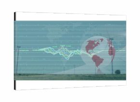 Displaying globe hovering over rural wind turbines, with grid overlay and waveform data lines