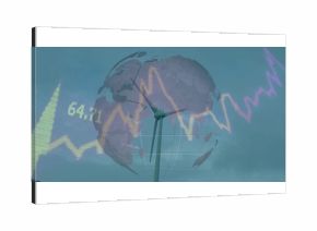 Standing wind turbine projecting energy trends at wind farm, with globe wireframe and data overlays