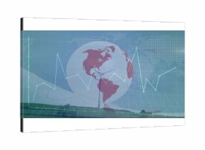 Displaying red globe above solar panels, wind turbine in energy graphic with grid overlays and map