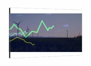 Displaying wind turbines stretching across field at dusk, with glowing green and yellow line graphs
