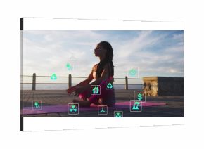 Meditating woman in sportswear sitting on pink mat at seaside promenade, with floating energy icons