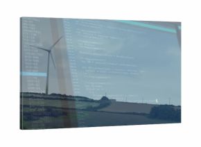 Showing white wind turbine rotating on distant hill inside office, with code overlay on glass panel