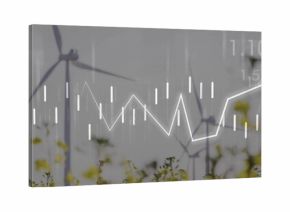 Rising wind turbine in yellow field, showing candlestick, line graph overlays and numeric labels