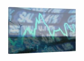 Showing wind turbine towers rotating on field, with overlaid financial data and blurred ticker text