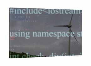 Towering tall wind turbine rotating on grassy hillside, with floating code snippets, copy space
