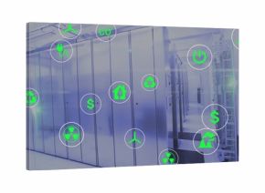 Displaying metallic server cabinets stretching down data center corridor, with energy icons