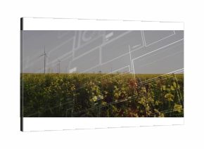 Stretching yellow crops across foreground to horizon at farmland, with wind turbines and UI overlay