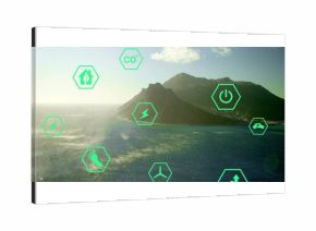 Featuring coastal mountain peninsula jutting into ocean, with green hexagon icons and buildings