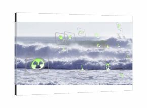 Floating translucent wind turbine, recycling and electric plug icons drifting above waves under sky