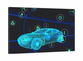 Displaying 3D wireframe car model rotating inside neon-blue grid tunnel, with floating energy icons