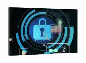 Glowing padlock floating in UI, with binary code, CO?, recycling, droplet, starburst, graph icons