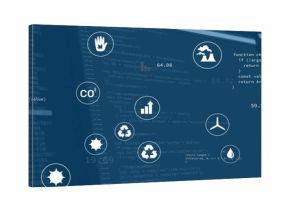 Displaying environmental icons and metrics floating over code editor, with CO2 and recycling icons