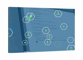 Displaying floating translucent white hexagonal frames on code editor, with green energy icons