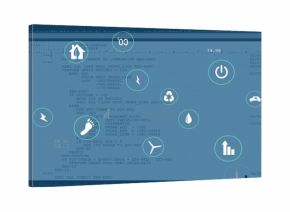 Showing floating icons representing energy sustainability on computer terminal, with scrolling code