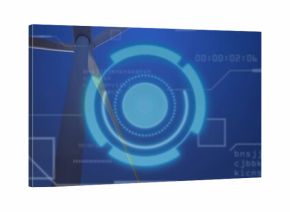 Highlighting wind turbine blade and hub floating over screen, with glowing HUD, timecode, modules