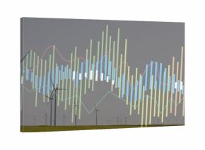 Displaying multicolor bars and lines over windfarm field with turbines, horizon, white markers